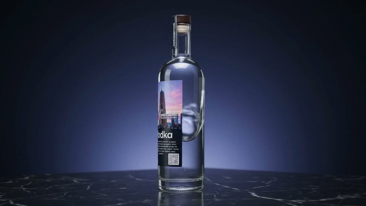 A bottle of Cornerstone Vodka standing on dark marble against a deep navy backdrop