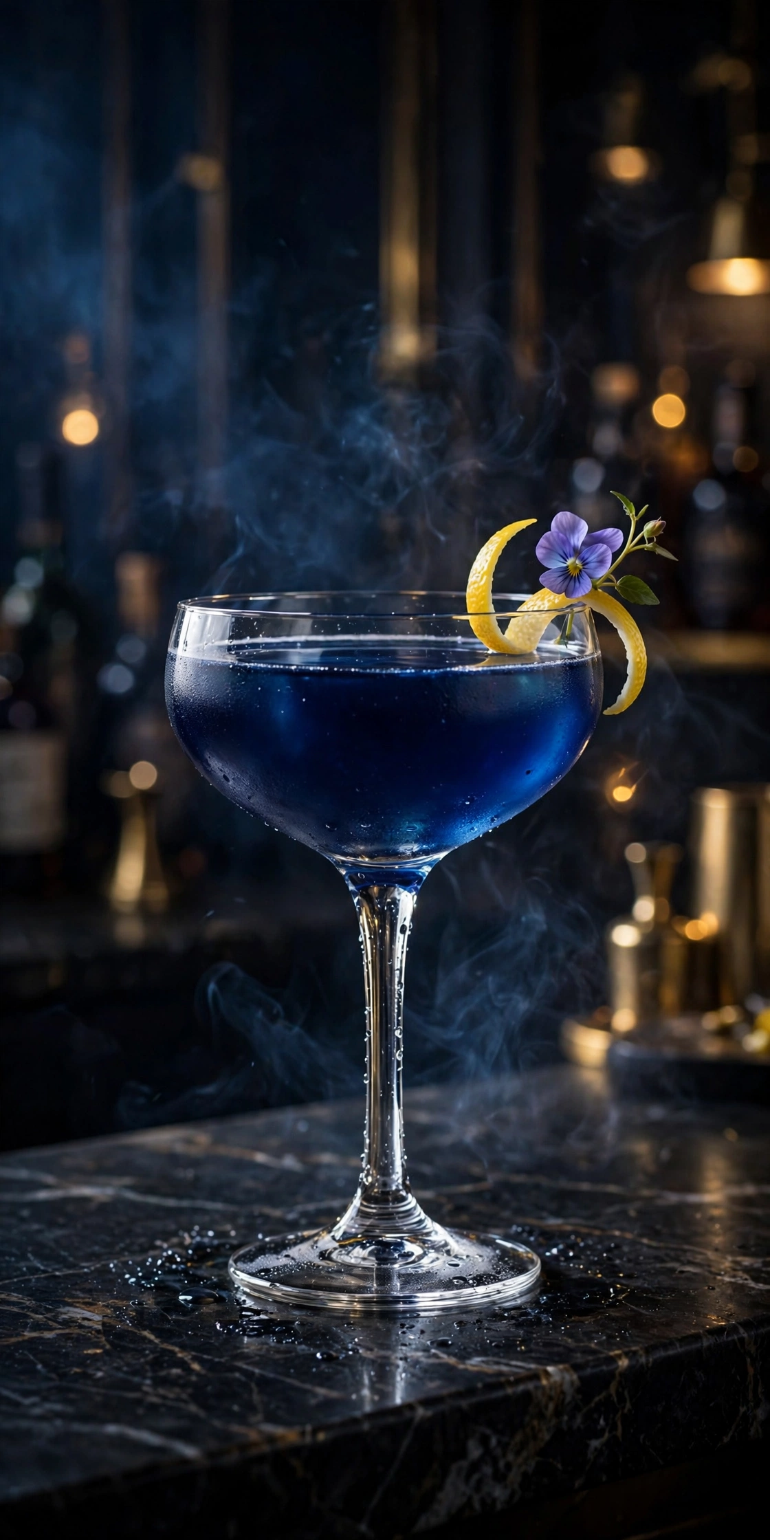 Russian Blue Moon cocktail — a vivid blue drink in a coupe glass topped with a swirl of cream