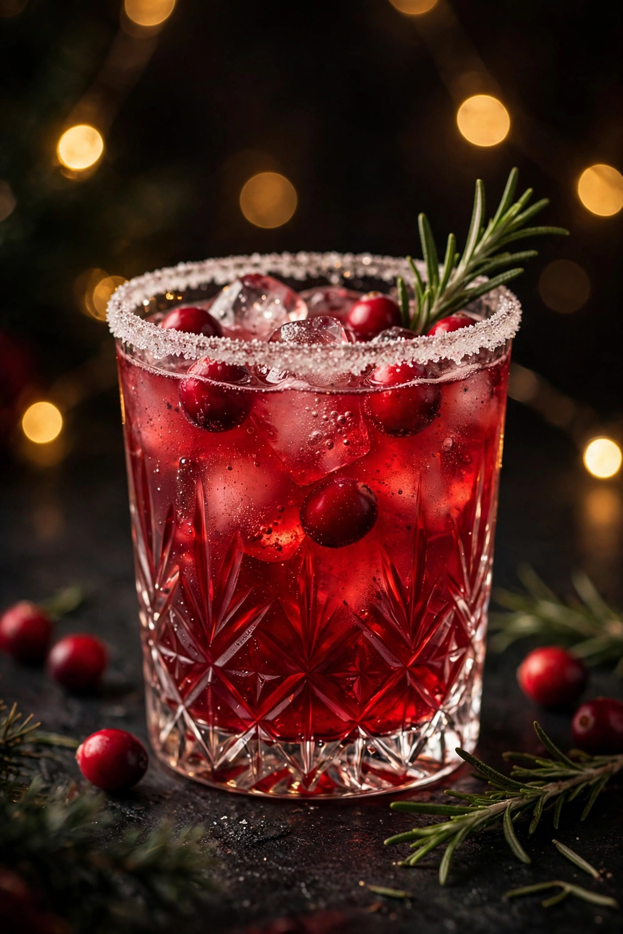 Jingle Juice cocktail — a blush sparkling drink in a flute garnished with cranberries