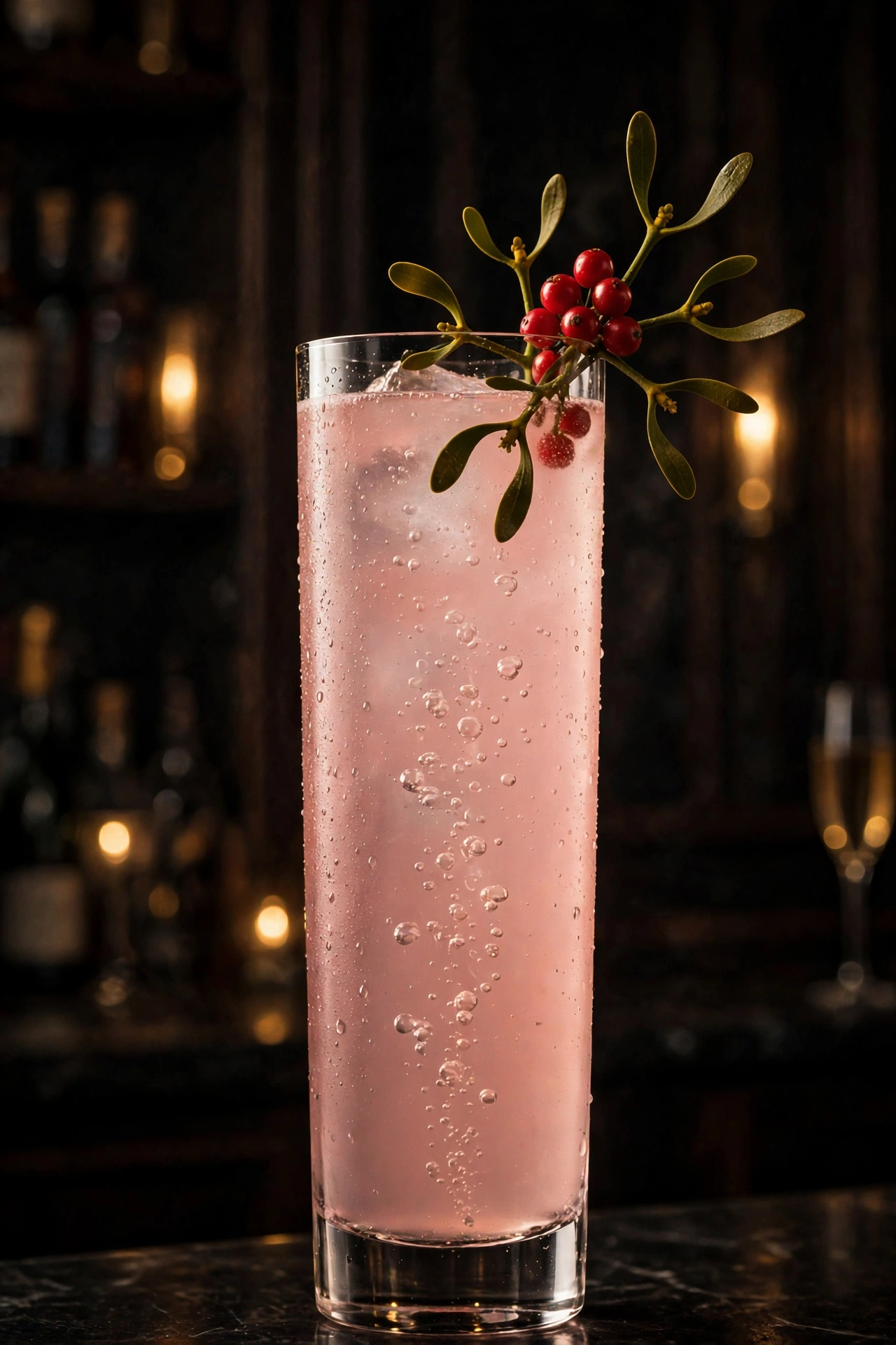 Mistletoe Kiss cocktail — a clear sparkling drink over ice with cranberries and rosemary