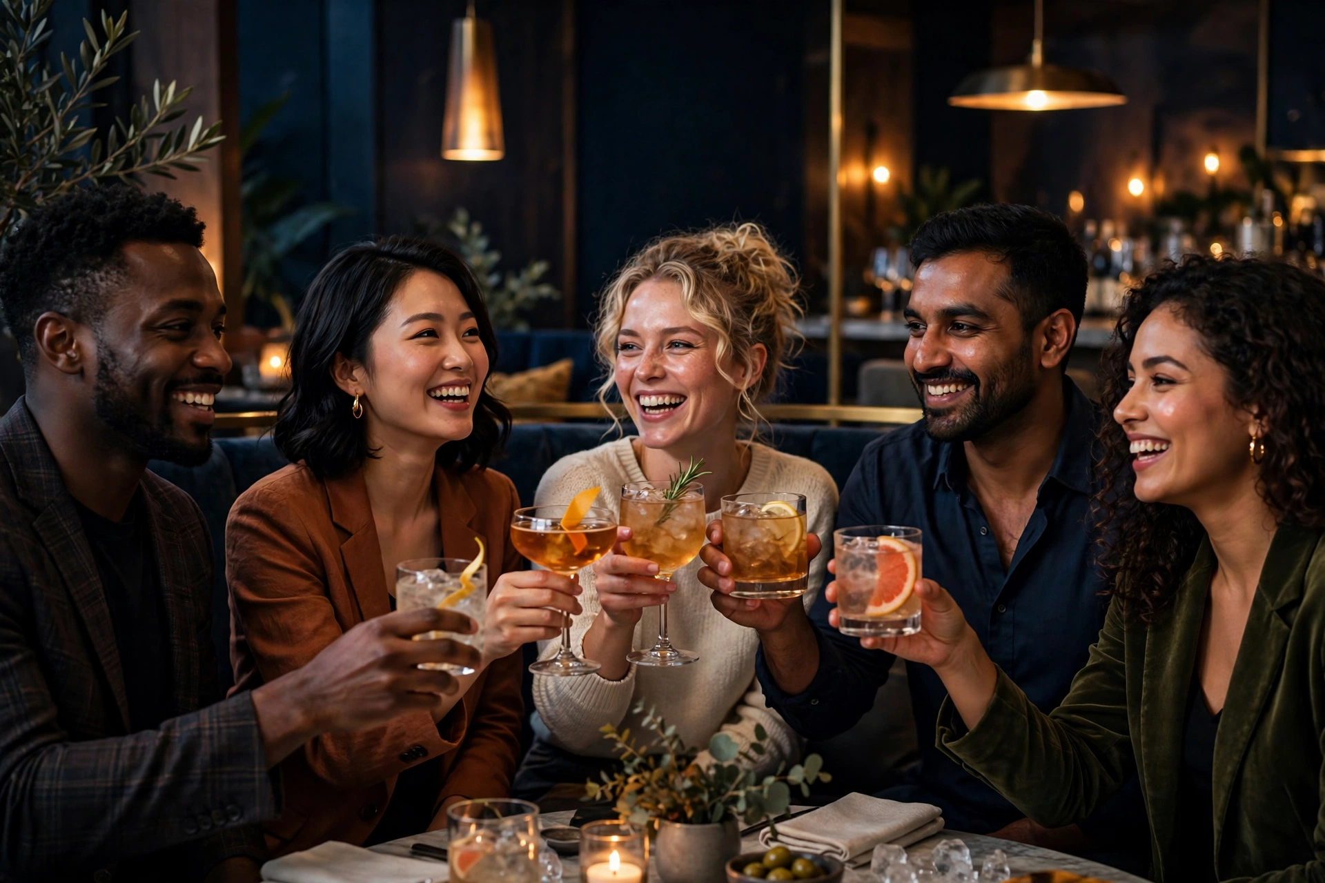 Friends raising cocktail glasses in a toast at an evening gathering